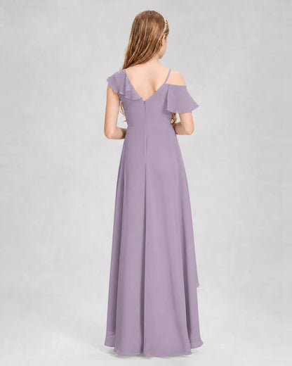 Dideyttawl Cold Shoulder Ruffle High-Low Junior Bridesmaid Dress