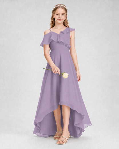 Dideyttawl Cold Shoulder Ruffle High-Low Junior Bridesmaid Dress