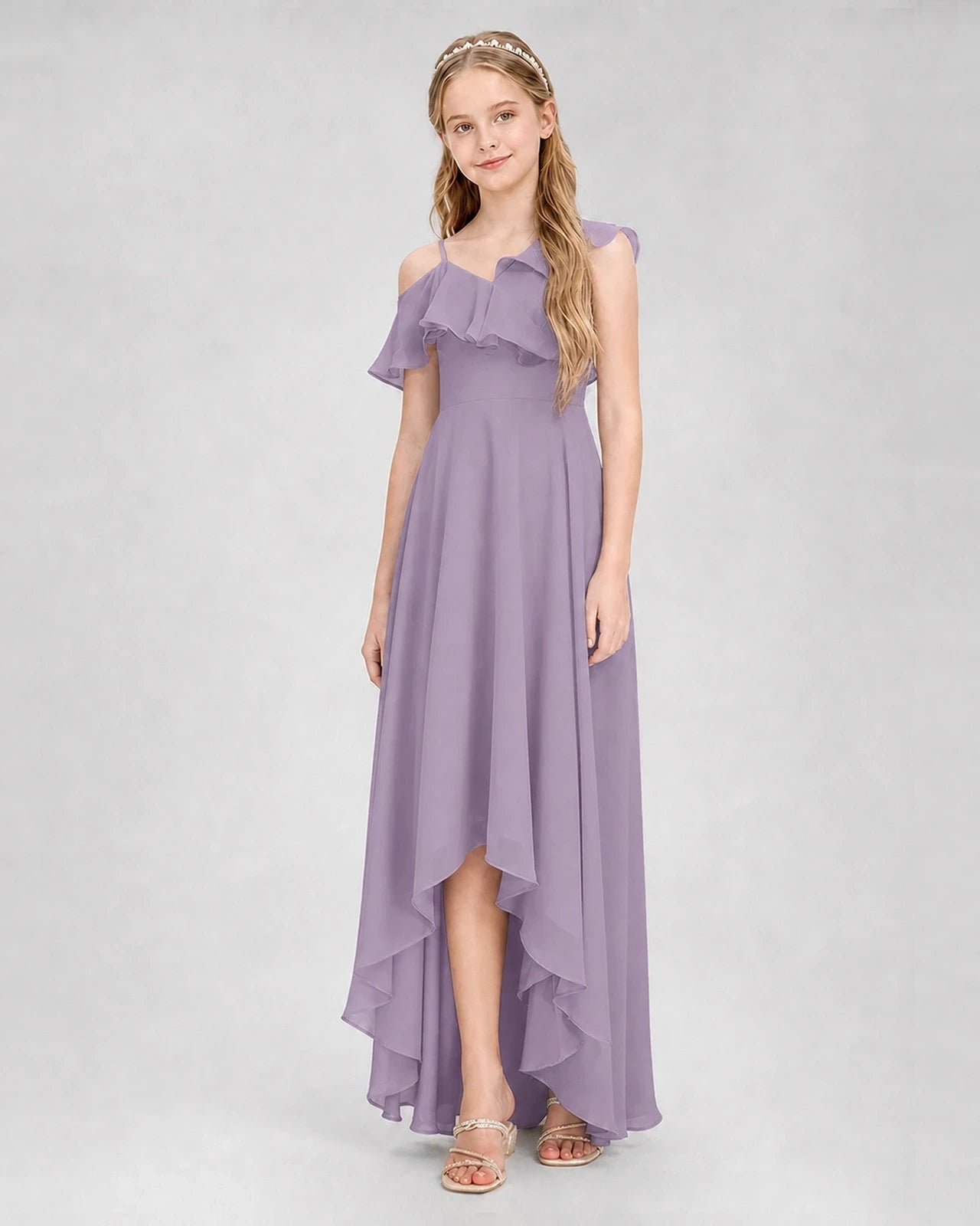 Dideyttawl Cold Shoulder Ruffle High-Low Junior Bridesmaid Dress