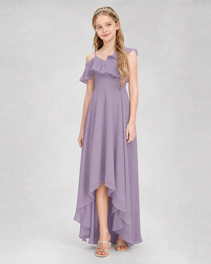 Dideyttawl Cold Shoulder Ruffle High-Low Junior Bridesmaid Dress
