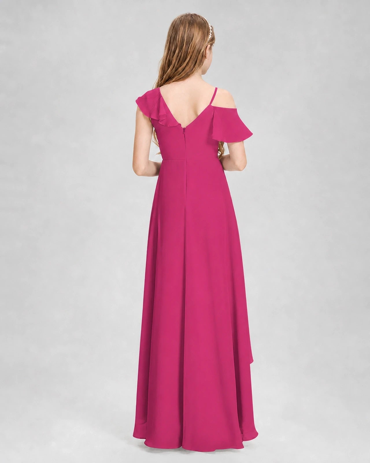 Dideyttawl Cold Shoulder Ruffle High-Low Junior Bridesmaid Dress