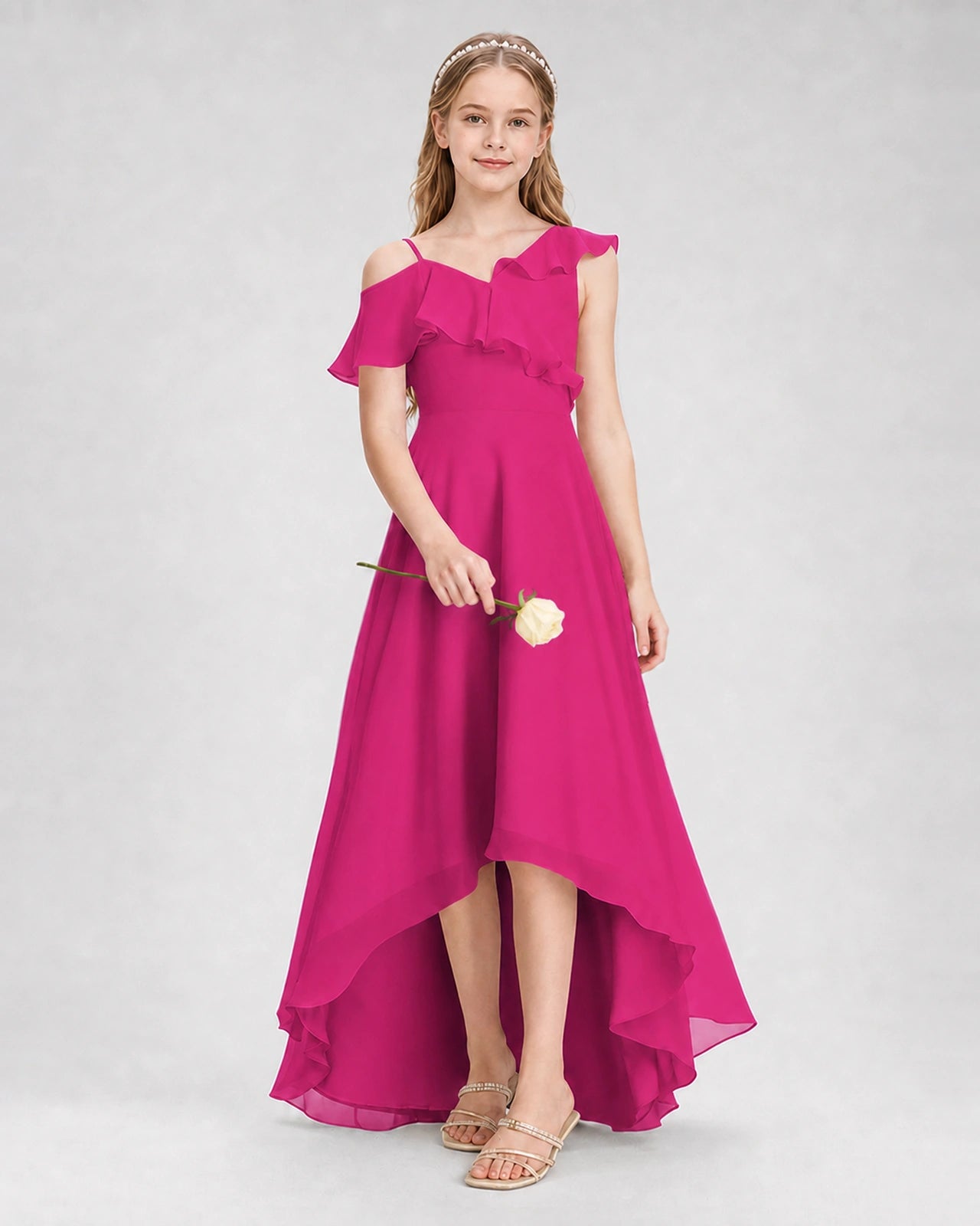 Dideyttawl Cold Shoulder Ruffle High-Low Junior Bridesmaid Dress