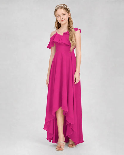 Dideyttawl Cold Shoulder Ruffle High-Low Junior Bridesmaid Dress