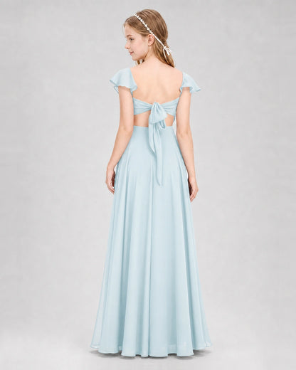 Dideyttawl Flutter Sleeve Back Bow Chiffon Junior Bridesmaid Dress