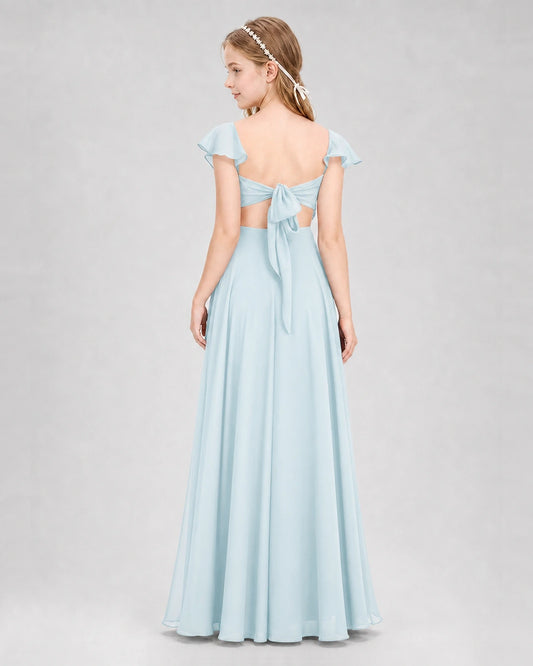 Dideyttawl Flutter Sleeve Back Bow Chiffon Junior Bridesmaid Dress