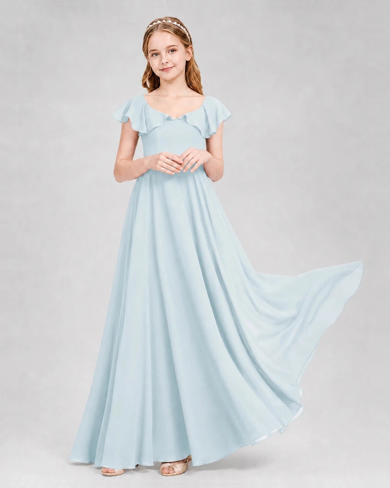 Dideyttawl Flutter Sleeve Back Bow Chiffon Junior Bridesmaid Dress