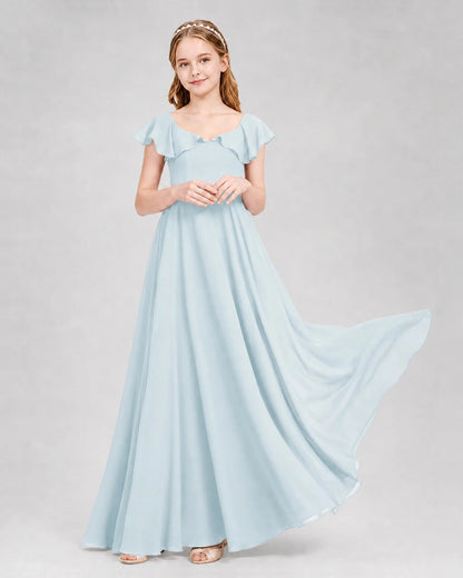 Dideyttawl Flutter Sleeve Back Bow Chiffon Junior Bridesmaid Dress