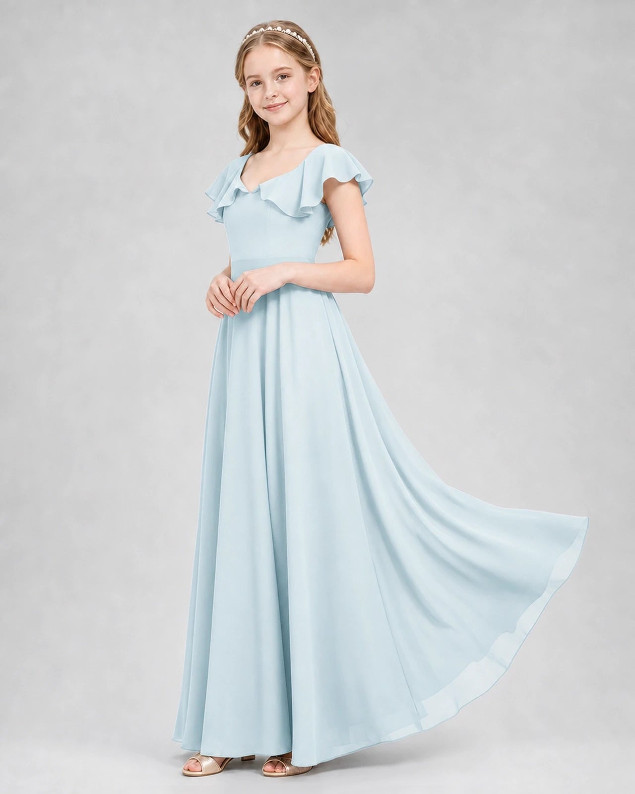 Dideyttawl Flutter Sleeve Back Bow Chiffon Junior Bridesmaid Dress