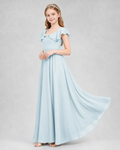 Dideyttawl Flutter Sleeve Back Bow Chiffon Junior Bridesmaid Dress