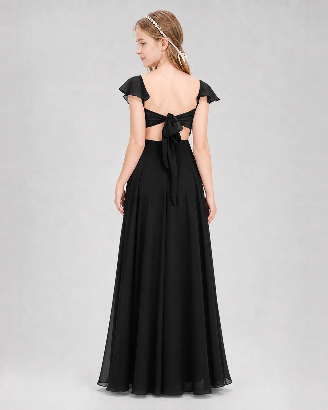 Dideyttawl Flutter Sleeve Back Bow Chiffon Junior Bridesmaid Dress