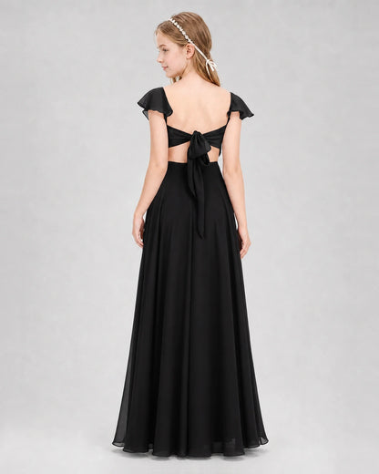 Dideyttawl Flutter Sleeve Back Bow Chiffon Junior Bridesmaid Dress