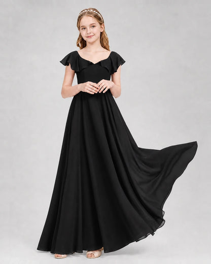 Dideyttawl Flutter Sleeve Back Bow Chiffon Junior Bridesmaid Dress