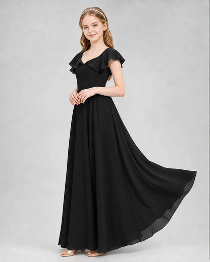 Dideyttawl Flutter Sleeve Back Bow Chiffon Junior Bridesmaid Dress