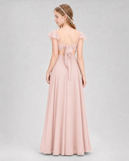 Dideyttawl Flutter Sleeve Back Bow Chiffon Junior Bridesmaid Dress