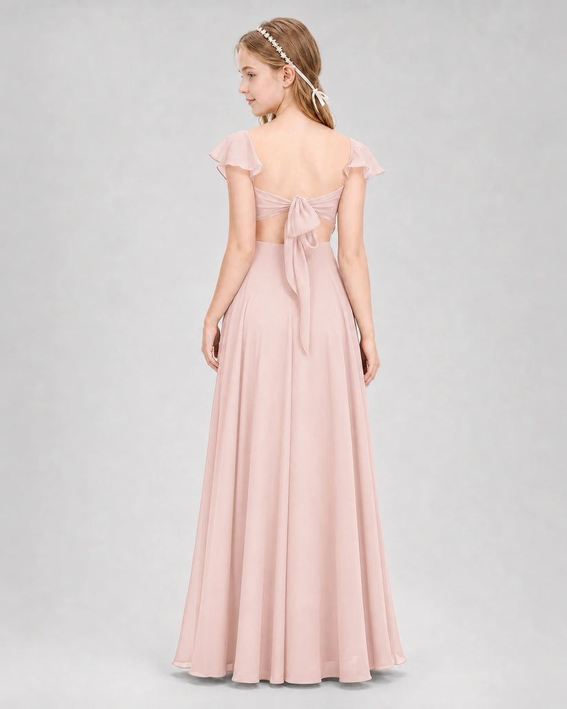 Blush pink chiffon tie-back a-line junior bridesmaid dress, Back View