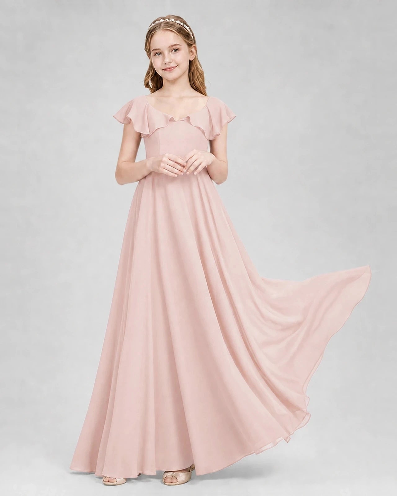 Dideyttawl Flutter Sleeve Back Bow Chiffon Junior Bridesmaid Dress