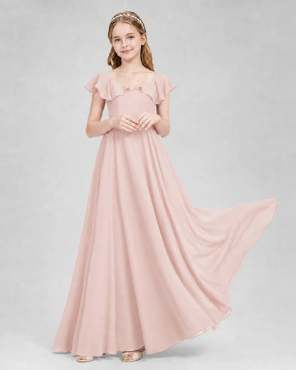 Dideyttawl Flutter Sleeve Back Bow Chiffon Junior Bridesmaid Dress