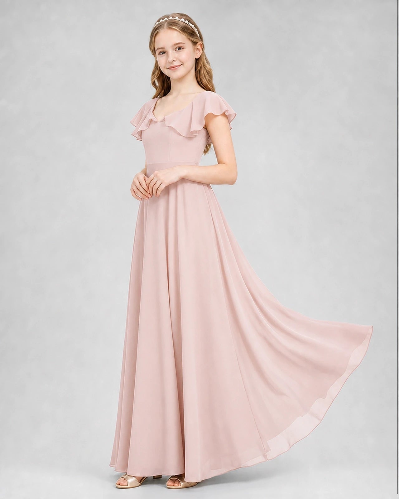 Dideyttawl Flutter Sleeve Back Bow Chiffon Junior Bridesmaid Dress