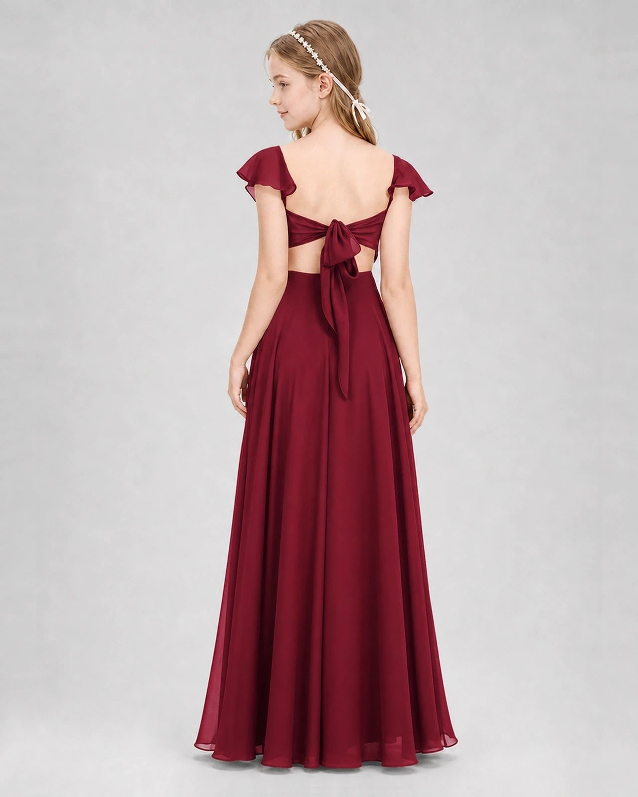 Dideyttawl Flutter Sleeve Back Bow Chiffon Junior Bridesmaid Dress