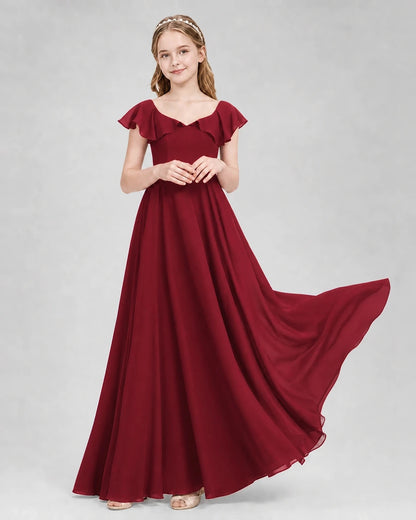 Dideyttawl Flutter Sleeve Back Bow Chiffon Junior Bridesmaid Dress