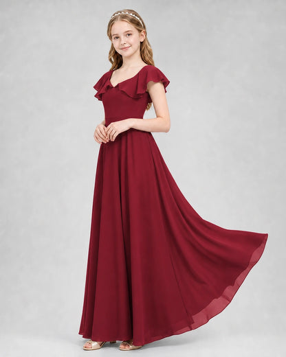 Dideyttawl Flutter Sleeve Back Bow Chiffon Junior Bridesmaid Dress