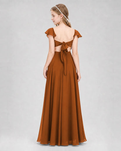 Dideyttawl Flutter Sleeve Back Bow Chiffon Junior Bridesmaid Dress