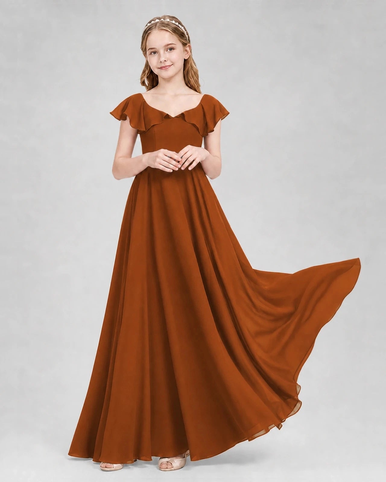 Dideyttawl Flutter Sleeve Back Bow Chiffon Junior Bridesmaid Dress
