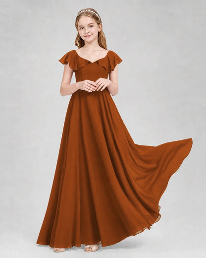 Dideyttawl Flutter Sleeve Back Bow Chiffon Junior Bridesmaid Dress