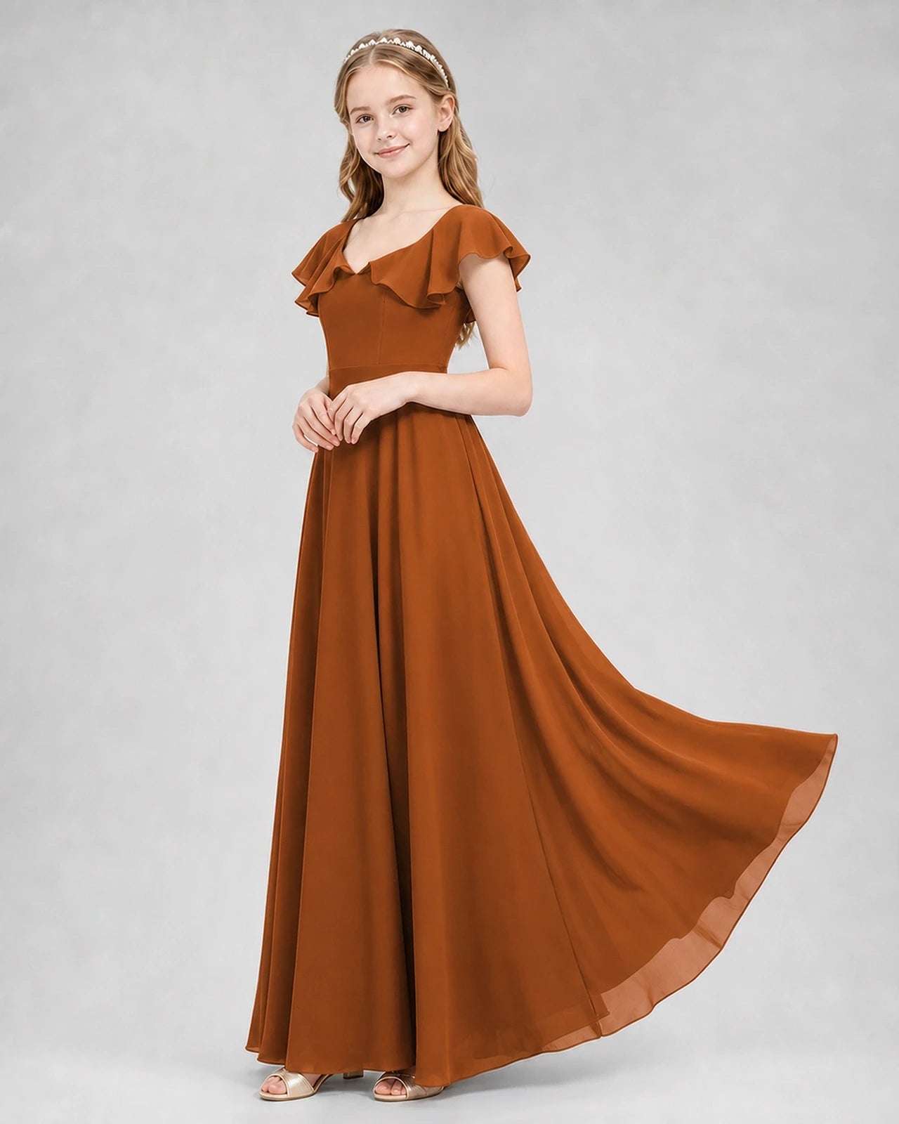 Dideyttawl Flutter Sleeve Back Bow Chiffon Junior Bridesmaid Dress