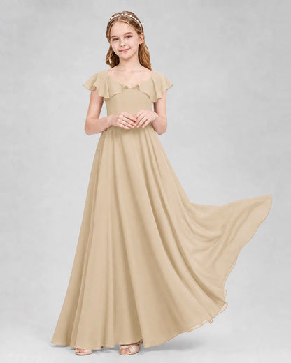 Dideyttawl Flutter Sleeve Back Bow Chiffon Junior Bridesmaid Dress