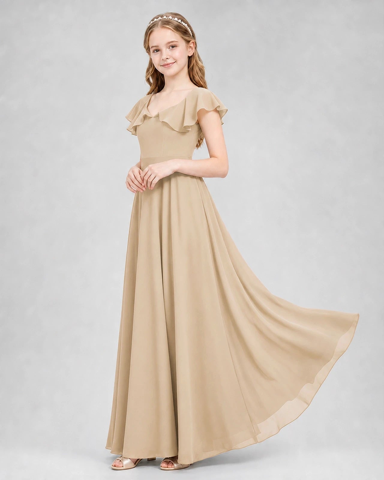Dideyttawl Flutter Sleeve Back Bow Chiffon Junior Bridesmaid Dress
