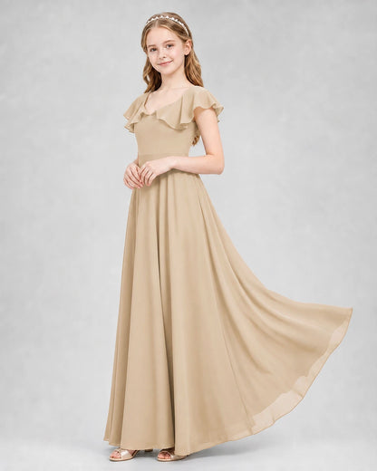 Dideyttawl Flutter Sleeve Back Bow Chiffon Junior Bridesmaid Dress