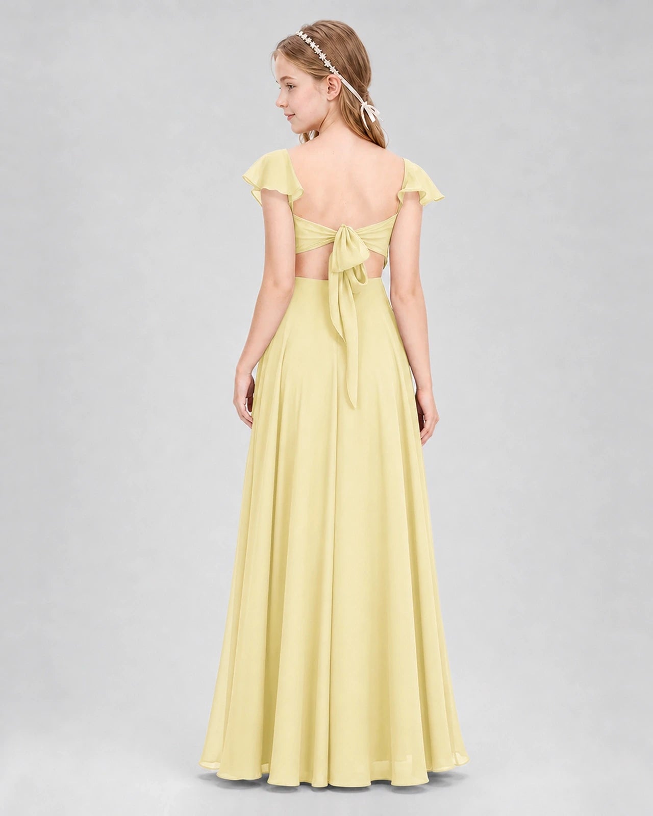 Dideyttawl Flutter Sleeve Back Bow Chiffon Junior Bridesmaid Dress