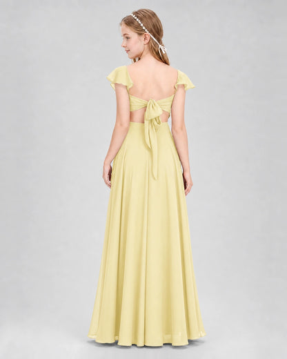 Dideyttawl Flutter Sleeve Back Bow Chiffon Junior Bridesmaid Dress