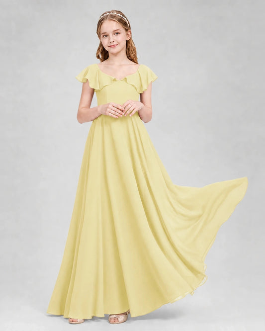 Daffodil Chiffon Ruffle-Sleeve Junior Bridesmaid Dress Front View