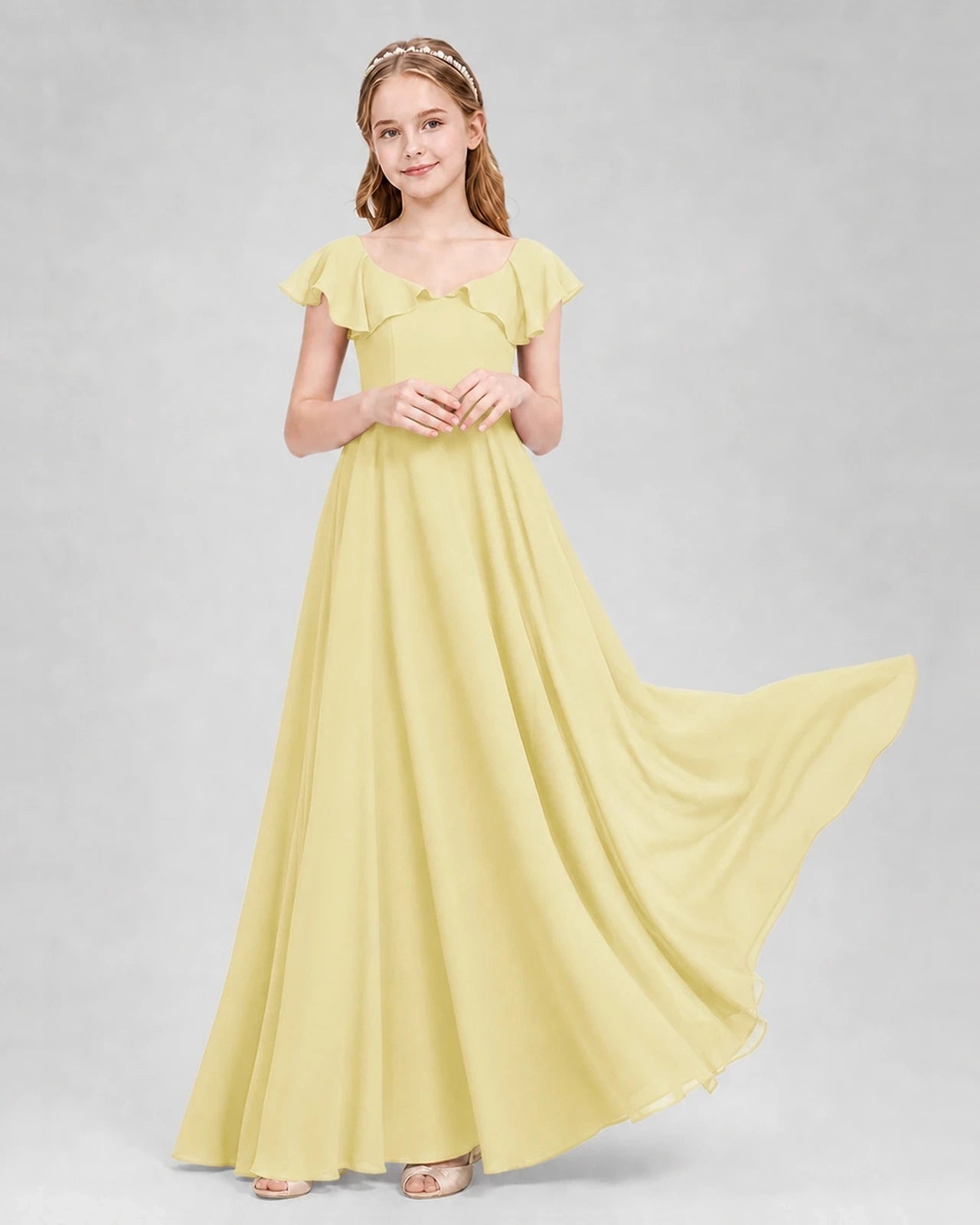 Dideyttawl Flutter Sleeve Back Bow Chiffon Junior Bridesmaid Dress