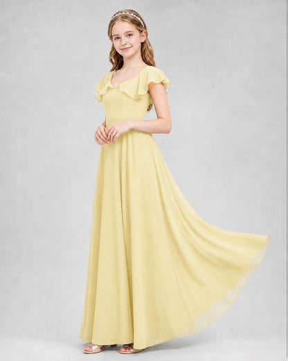 Dideyttawl Flutter Sleeve Back Bow Chiffon Junior Bridesmaid Dress