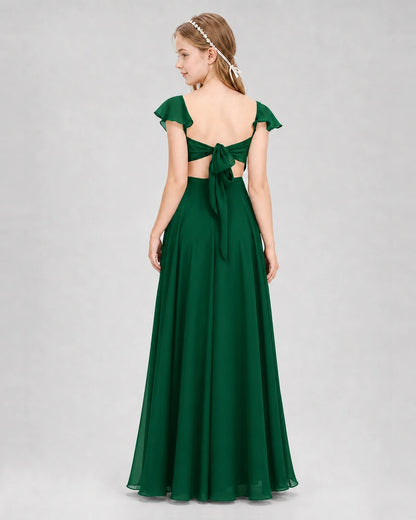 Dideyttawl Flutter Sleeve Back Bow Chiffon Junior Bridesmaid Dress