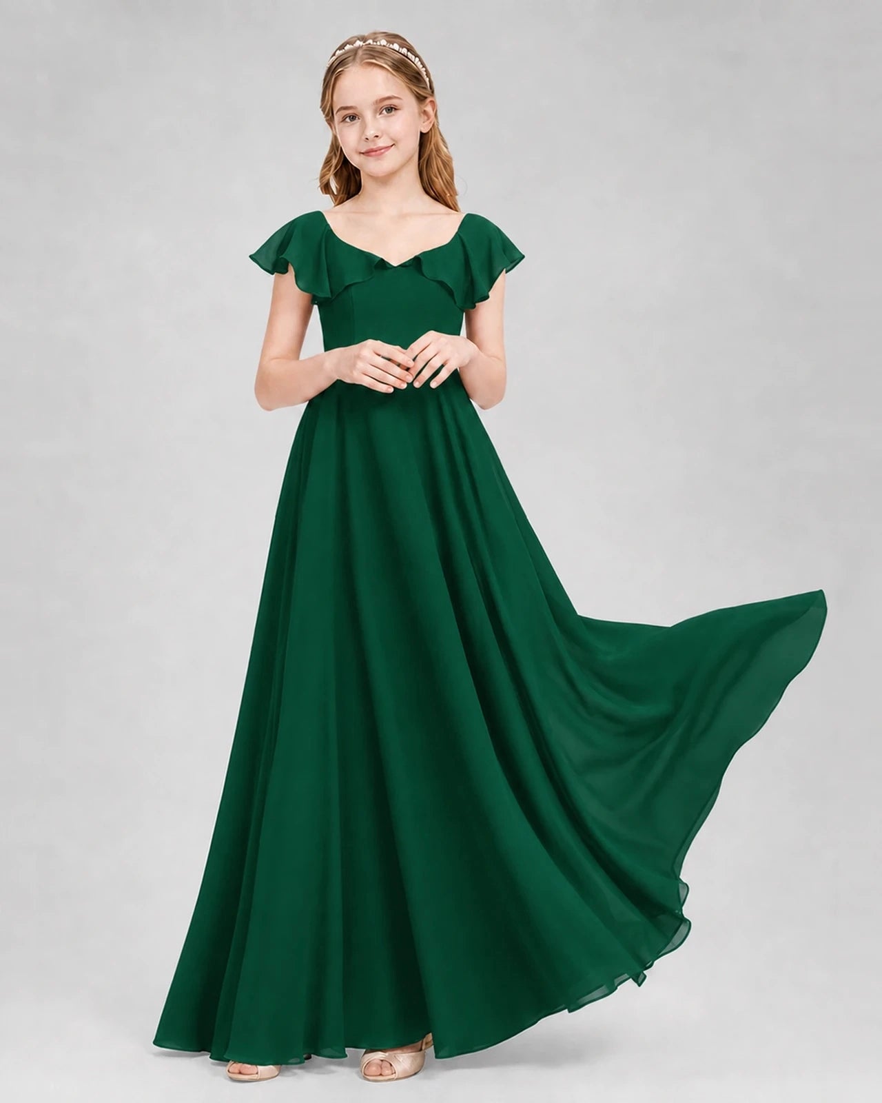 Dideyttawl Flutter Sleeve Back Bow Chiffon Junior Bridesmaid Dress