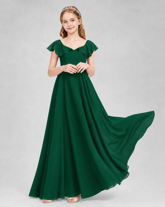 Dark Green Chiffon Flutter Sleeve Junior Bridesmaid Dresses Front View