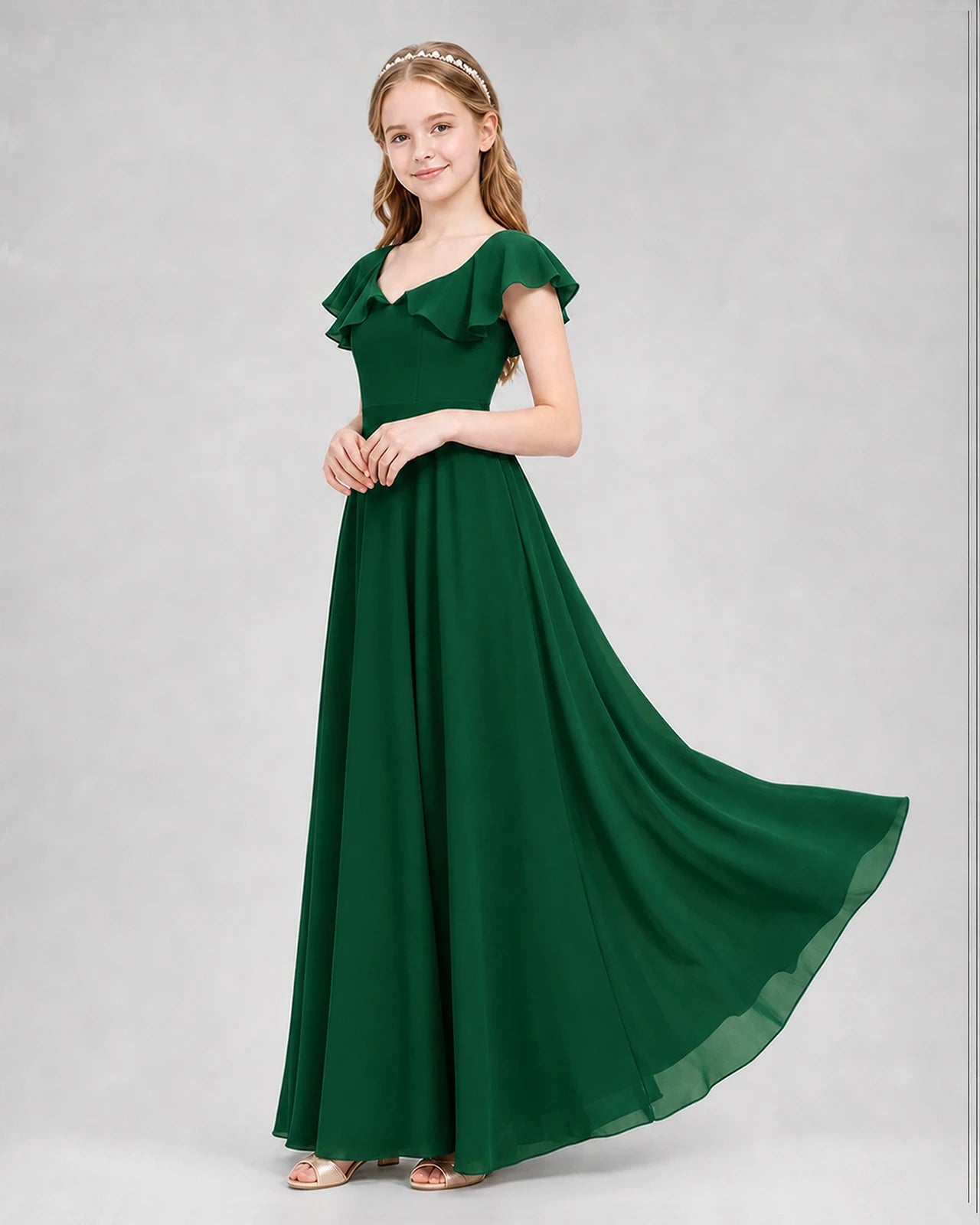 Dideyttawl Flutter Sleeve Back Bow Chiffon Junior Bridesmaid Dress