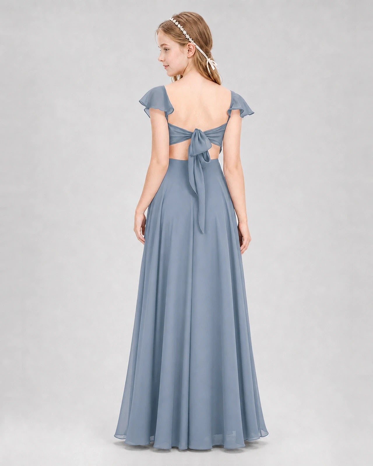 Dideyttawl Flutter Sleeve Back Bow Chiffon Junior Bridesmaid Dress