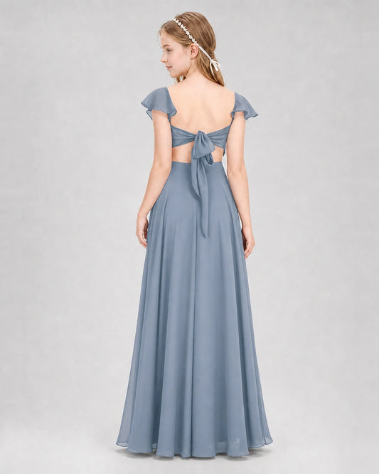 Dusty Blue Chiffon Ruffle-Sleeve Junior Bridesmaid Dress Back View