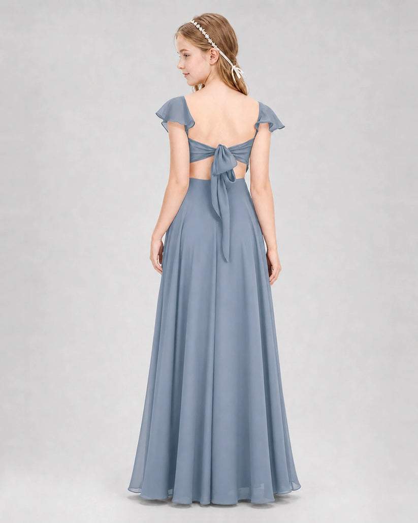 Dusty Blue Chiffon Ruffle-Sleeve Junior Bridesmaid Dress Back View