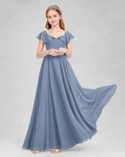 Dideyttawl Flutter Sleeve Back Bow Chiffon Junior Bridesmaid Dress