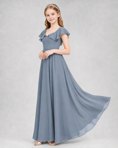 Dideyttawl Flutter Sleeve Back Bow Chiffon Junior Bridesmaid Dress