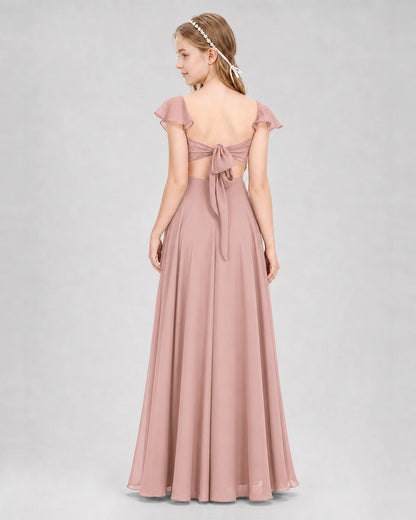 Dideyttawl Flutter Sleeve Back Bow Chiffon Junior Bridesmaid Dress