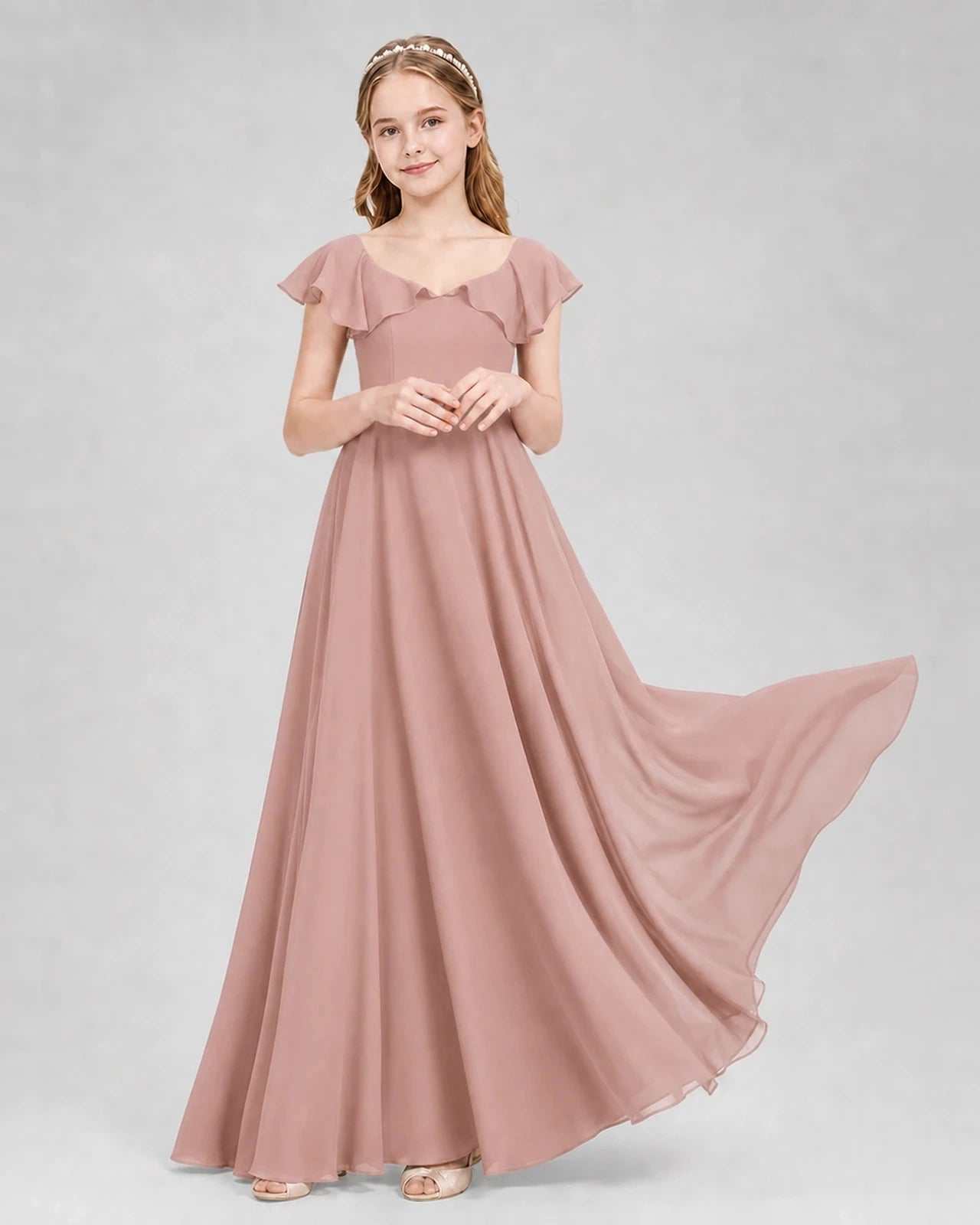 Dideyttawl Flutter Sleeve Back Bow Chiffon Junior Bridesmaid Dress