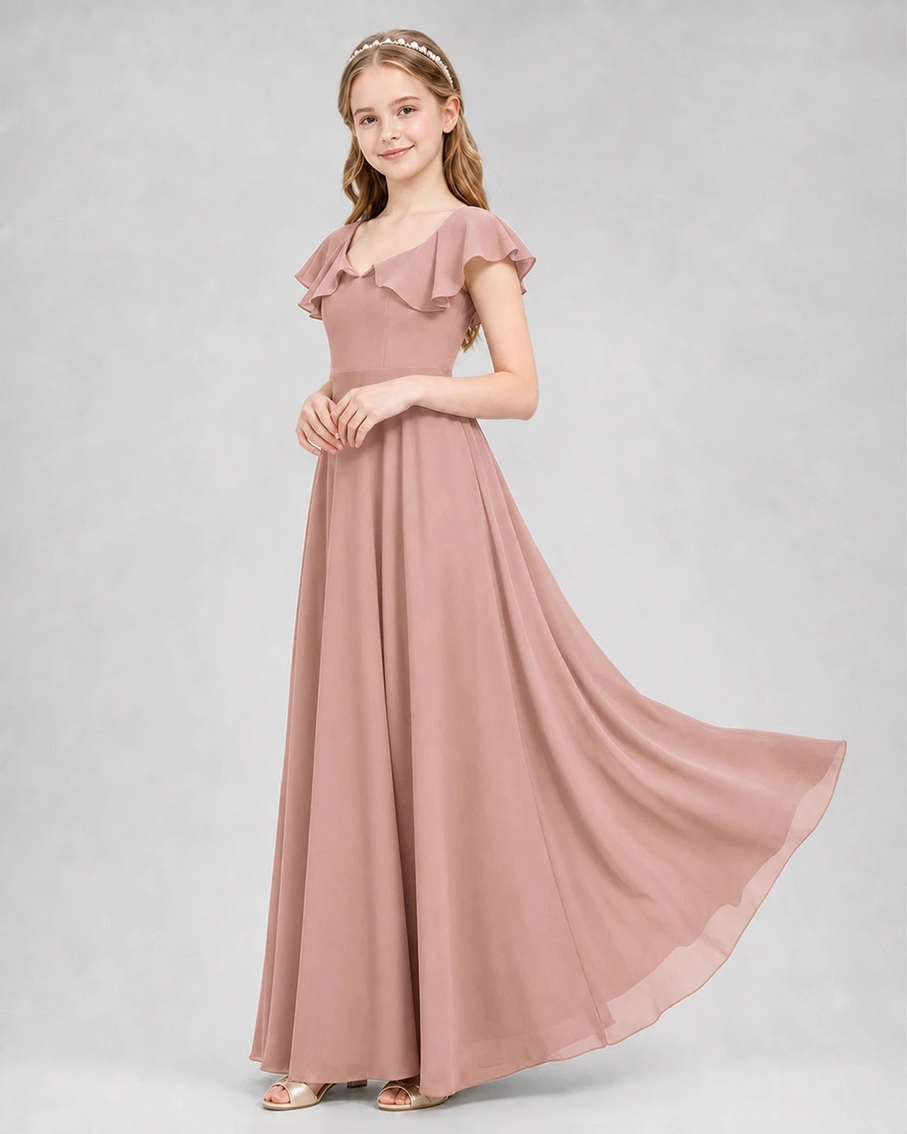 Dideyttawl Flutter Sleeve Back Bow Chiffon Junior Bridesmaid Dress