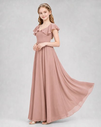 Dideyttawl Flutter Sleeve Back Bow Chiffon Junior Bridesmaid Dress